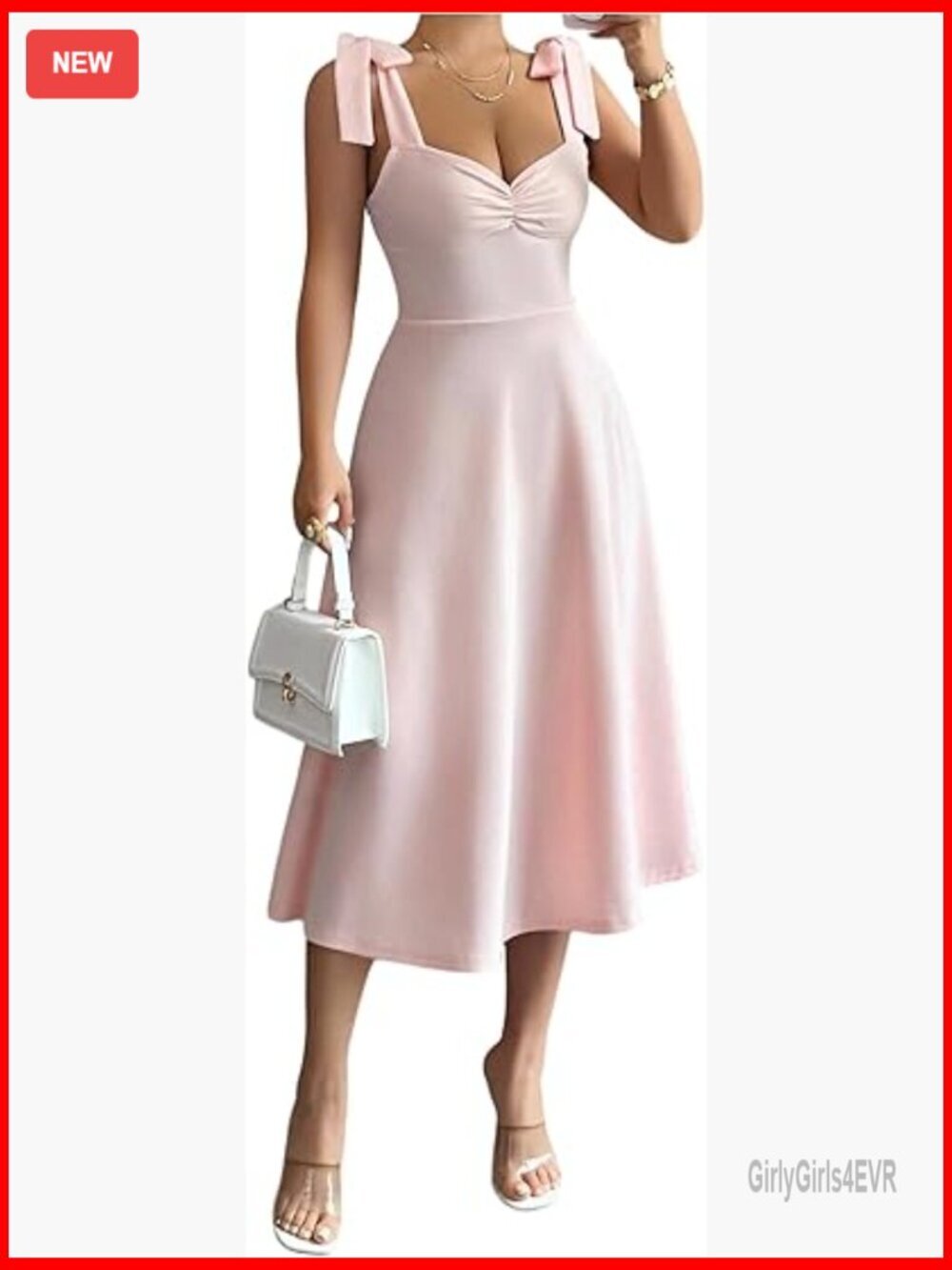 Elegant Wedding Guest Midi Dress with Bow Flare Ruffle Sleeveless Sweetheart